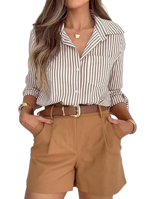 siliteelon Striped Button Down Shirts for Women Dress Shirts Long Sleeve Casual Collared Office Work Shirt with Pocket