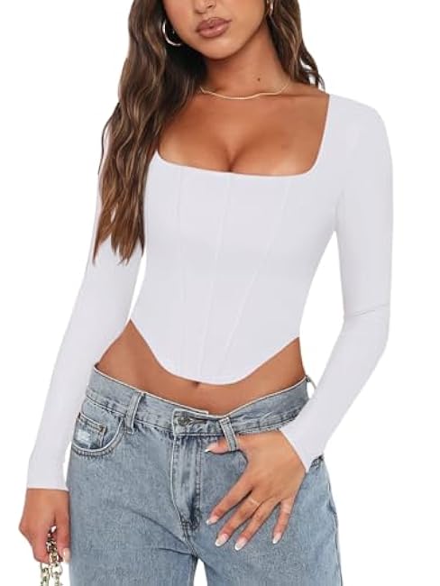 REORIA Womens Trendy Sexy Square Neck Long Sleeve Backless Y2K Going Out Boned Bustier Corset Crop Tops