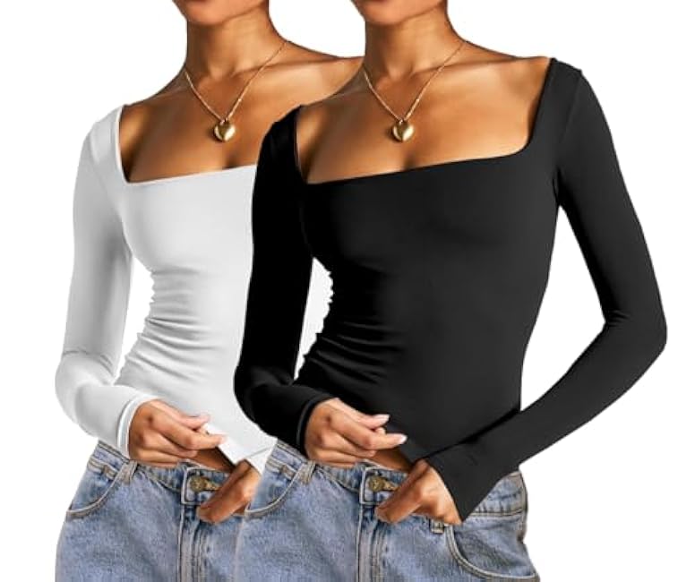 Abardsion 2 Piece Square Neck Tops for Women Slim Fit Double Layer Fall Long Sleeve Crop Top T Shirts