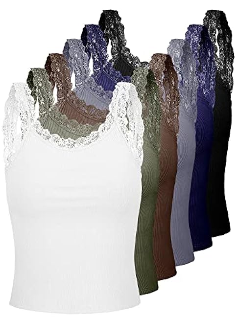 6 Pieces Lace Camisole Tank Tops Womens Lace Cami Undershirt Lace Trim Camisole Lace Straps Ribbed Tank Tops for Women