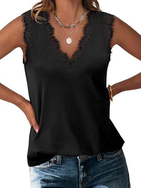 ANRABESS Womens Lace Trim Tank Tops V Neck Sleeveless Shirts 2025 Summer Casual Trendy Dressy Cami Top