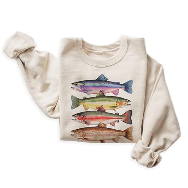 Abstract Colorful Trout In A Row Sweater - Vintage River Fish Trout Species Outfit - Fly Fishing Gift For Men & Women - Boho Unisex Graphic Crewneck Sweatshirt
