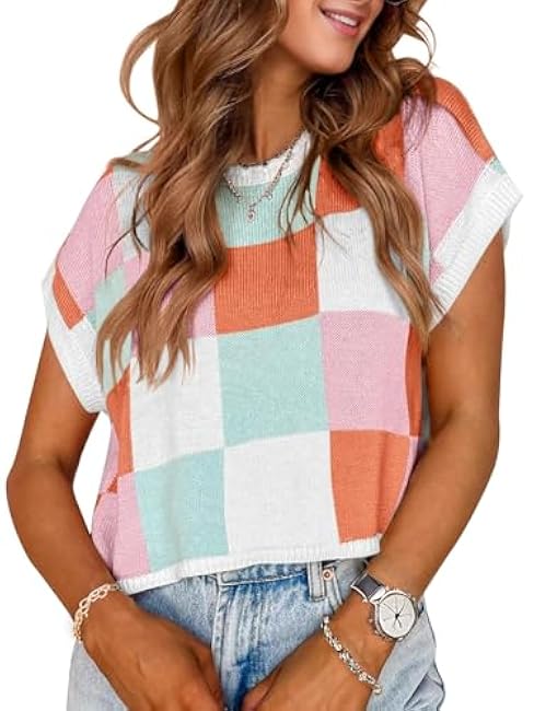 Womens Spring Crop Tops 2025 Cap Short Sleeve Sweater Vest Tank Loose Shirts Business Vacation Outfits Trendy Fall Summer Top