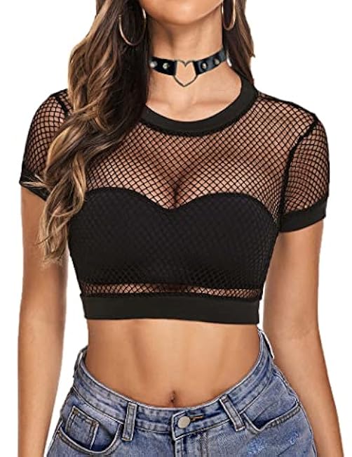 Avidlove Fishnet Crop Top for Women Y2K Short Sleeve See Through Shirt O Neck Pullover Blouse