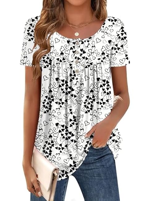 Zeagoo Women Tunic Tops Dressy Casual Summer Short Sleeve Shirts Floral Loose Fit Pleated Boho Top S-XXL