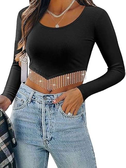 ZXZY Women Soft Ribbed Sparkly Rhinestone Fringe Long Sleeve Crop Top Cropped T Shirts