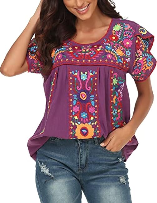 YZXDORWJ Women's Summer Boho Embroidery Mexican Bohemian Tops Shirt Tunic