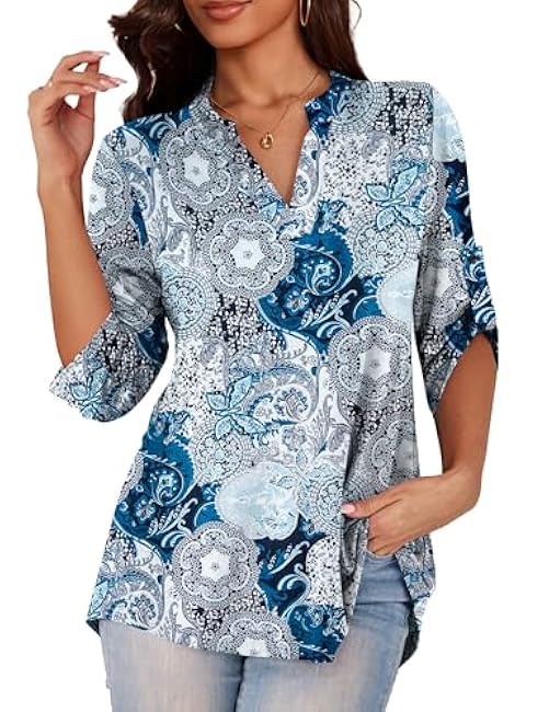a.Jesdani Women's Plus Size Zip Front 3/4 Sleeve Shirts V Neck Blouses Tunic Top
