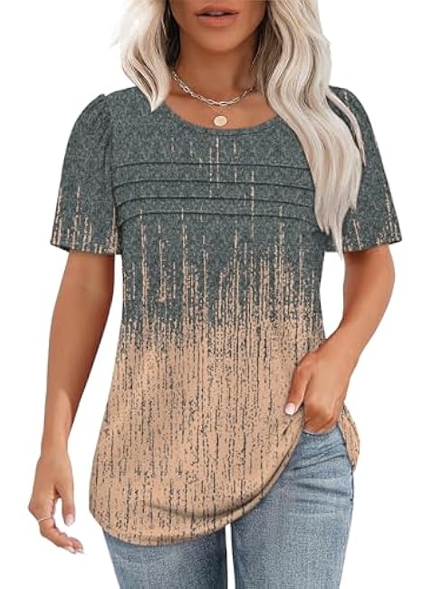 OFEEFAN Womens T Shirts Short Sleeve Tops Dressy Casual Blouses Spring Summer Outfits Flowy Pleated Front Scooped Neck
