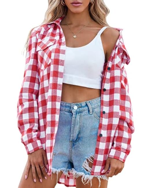 Zeagoo Womens Flannel Shirts Long/Roll Up Sleeve Collared Button Down Plaid Shirt Casual Work Tops