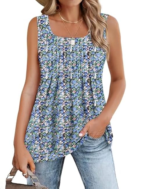 Zeagoo Women's Summer Tank Tops 2025 Pleated Square Neck Loose Fit Casual Flowy Tunic Sleeveless Shirts