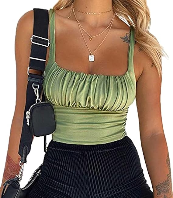 Women Crop Tank Top Sexy Square V Neck Double Lined Ruched Corset Cute Cropped Sleeveless Cami Summer Outfit Going Out Top