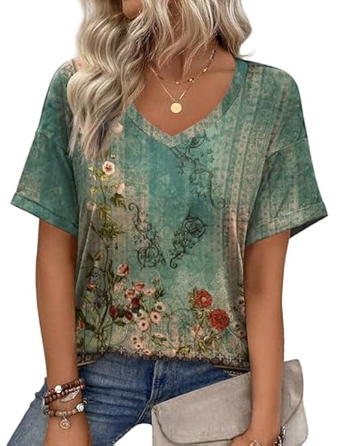 Zeagoo Womens Summer Tops Short Sleeve Casual Shirts Floral Tee Trendy 2025 Basics V Neck Plain Tshirt