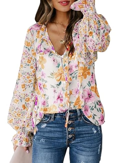 Biucly Women's Casual Boho Floral Print V Neck Long Sleeve Drawstring Tops Loose Blouses Button Down Shirts