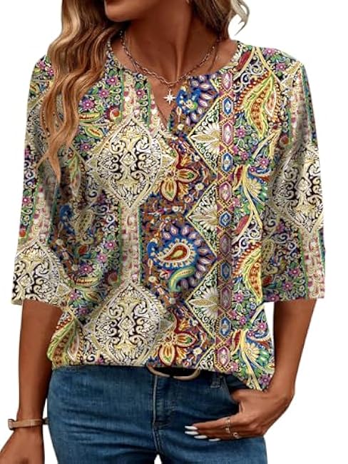 AKEWEI Women's V Neck 3/4 Sleeve T Shirts Summer Top Dressy Casual Basic Tees Shirt Tunic Blouses