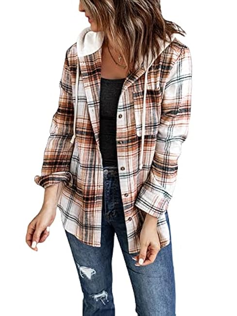 INFITTY Women's Buffalo Plaid Hoodie Long Sleeve Jacket Button Drawstring Casual Fall Shirts with Pocket
