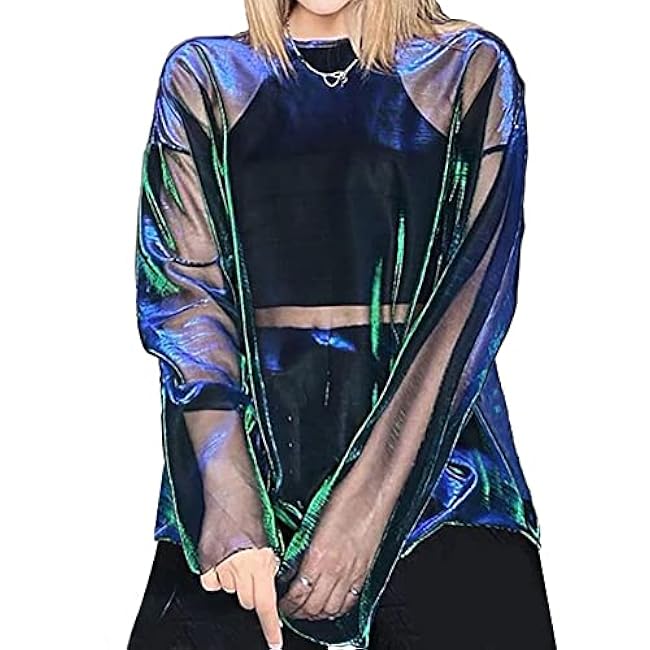 Women See-Thru Sparkly Cover Up Tops E-Girls Metallic Shiny Oversized Tee Shirts