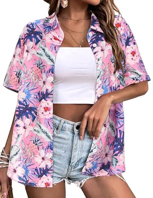 Zeagoo Womens Hawaiian Button Down Shirts Short Sleeve Casual Floral Tropical Shirt Summer Beach Shirt Cool Button Up Tops