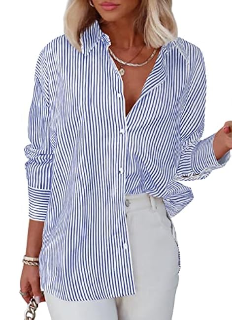 Diosun Womens Striped Button Down Shirts Classic Long Sleeve Stylish Collared Office Work Blouses Tops
