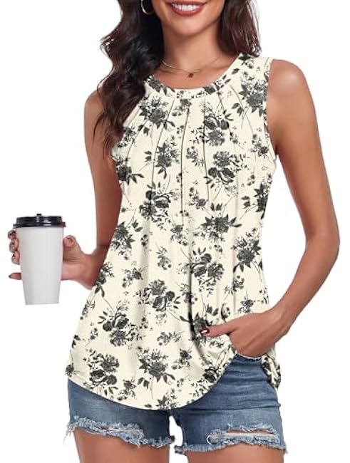 syoss Women's Summer Tank Tops Pleated Round Neck Sleeveless Tops