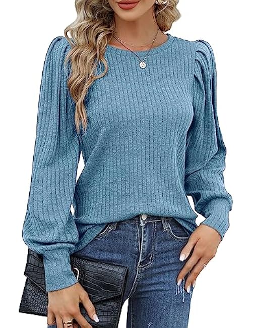 HOTOUCH Women's Knit Blouse Soft Puff Long Sleeve Shirt Tops Lightweight Round Neck Pullover Sweater S-XXL