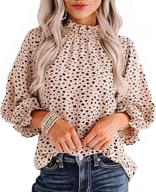 Avanova Women Polka Dot Long Sleeve Blouse Shirts Work Mock Neck Ruffle Top