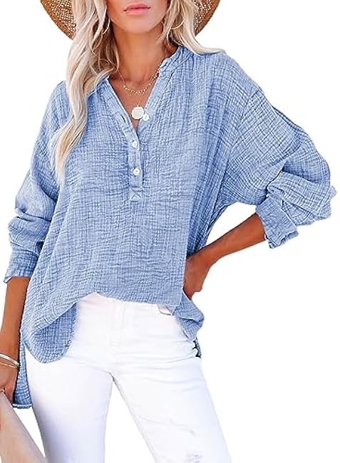 Dokotoo Womens Casual Button V Neck Long Sleeve Shirts Oversized Solid Blouses Tops