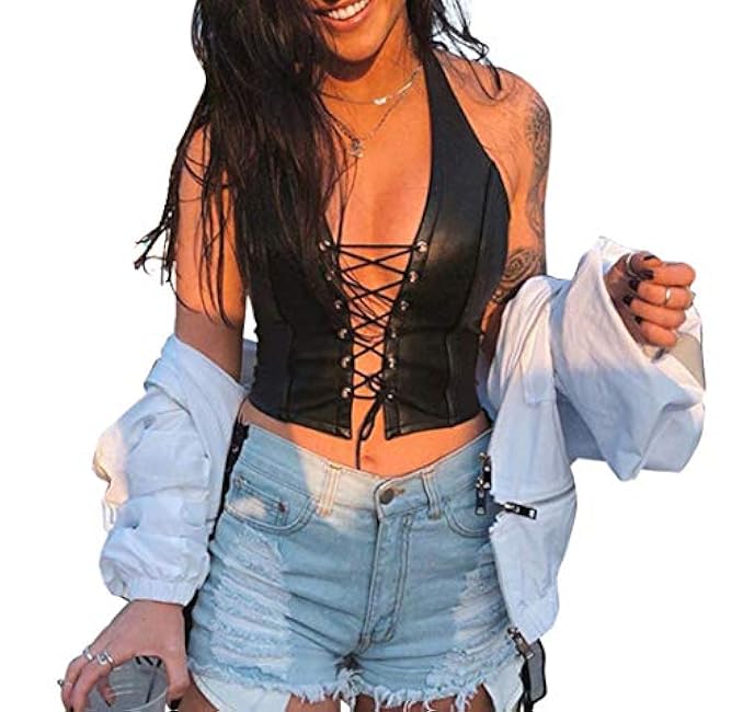 Women's Adjustable Spaghetti Straps PU Leather Bustier Crop Tube Top