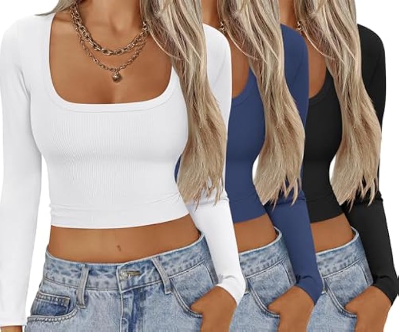Ekouaer Womens 3 Pack Long Sleeve Crop Tops Square Neck Ribbed Slim Fitted Base Layer Basic Shirt Thermal Undershirts XS-XXL