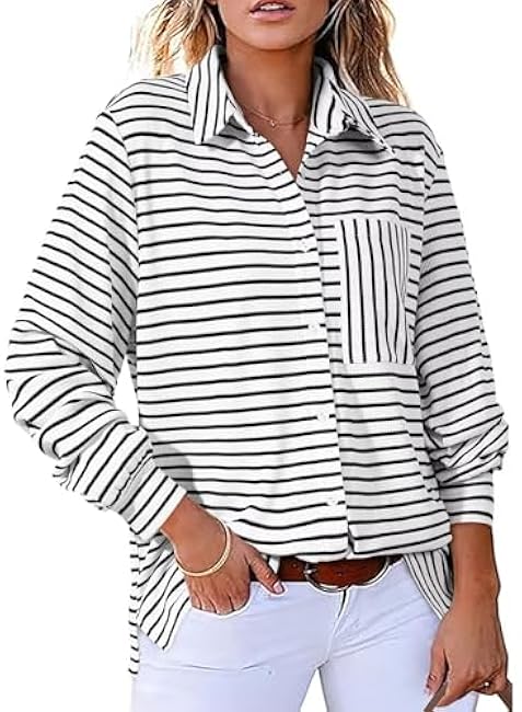 Astylish Women's 2025 Cute Striped Waffle Oversized Stretchy Long Sleeve Shirts Soft Collared V Neck Button Up Blouses Tops