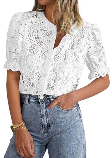 PRETTYGARDEN Womens Summer Lace Tops Short Puff Sleeve Casual Dressy Blouses Eyelet Crew Neck Button Down Shirts