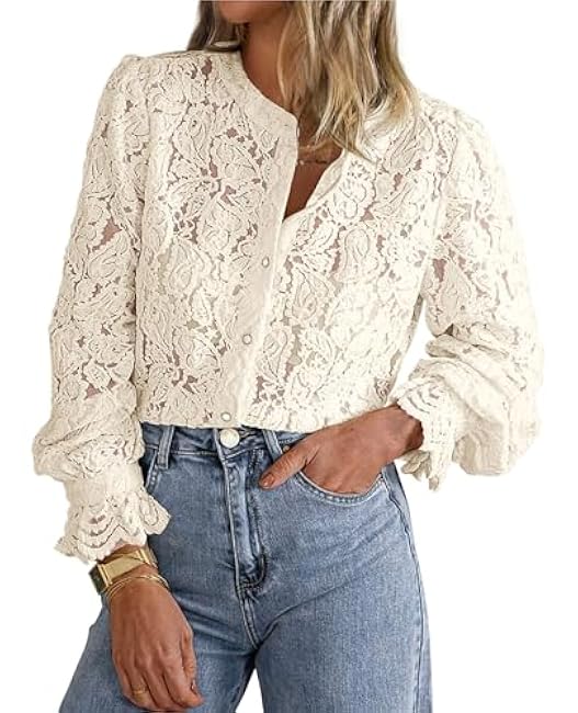 PRETTYGARDEN Women's Dressy Casual Lace Blouse Long Sleeve Button Up Shirts Tops Spring Fall Fashion Clothes