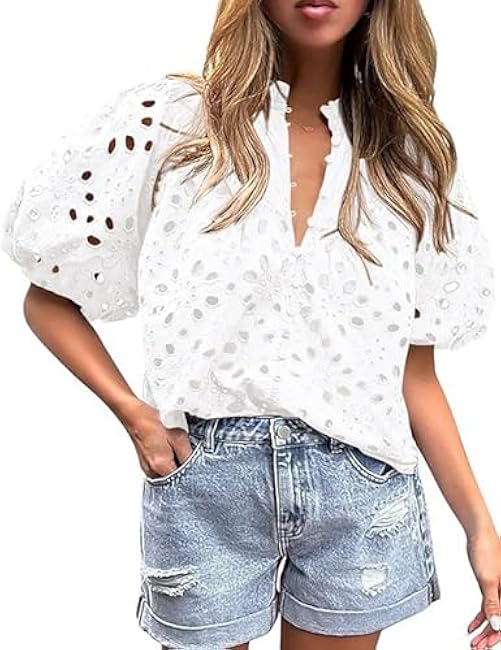 Yimoon Women's Eyelet Tops Puff Sleeve Hollow Out Embroidered Tops Dressy Casual White Blouse V Neck Top Button Down Shirts