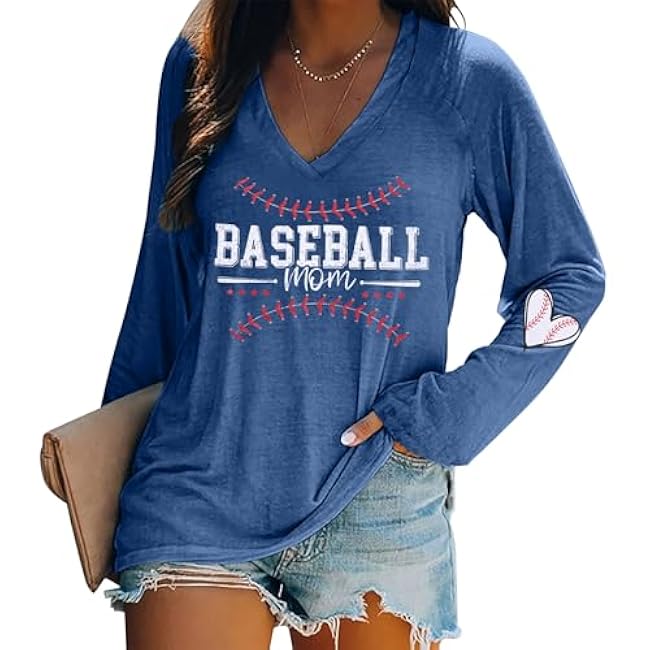 Baseball Shirts Women Baseball Mom Shirt Love Heart Graphic Print Top Gameday Season Tee V Neck Long Sleeve Top
