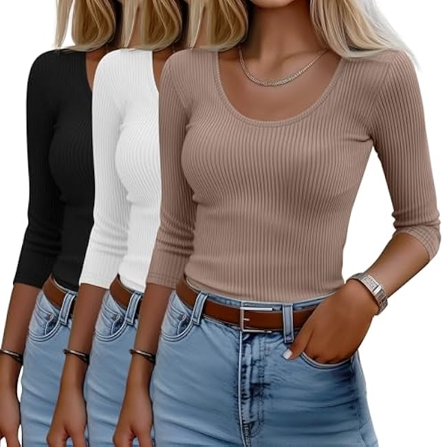 3 Pack Women's 3/4 Sleeve T Shirts Basic Scoop Neck Ribbed Knit Slim Fit Tops 2025 Summer Casual Tight Tees