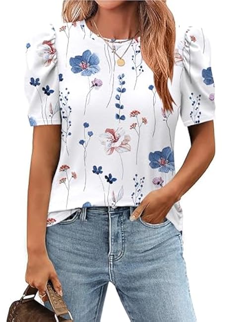 Zeagoo Blouse for Women Dressy Casual Puff Short Sleeve Boho Tops Fashion Floral Crew Neck Tunic Shirts Summer Clothes