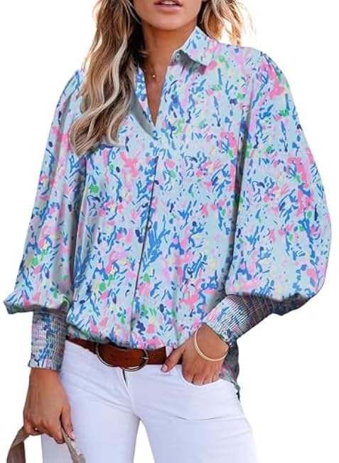 Astylish Women Loose V-Neck Shirts Paisley Print Lantern Sleeve Blouse Tops