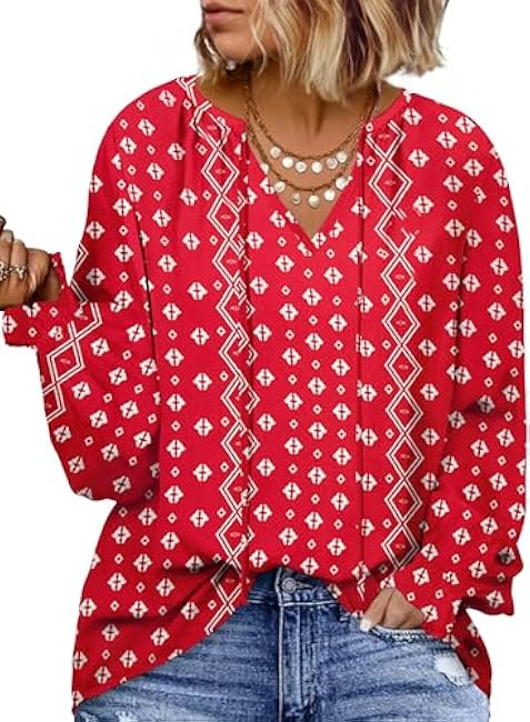 Eytino Plus Size Tops for Women Boho Floral Print V Neck Long Sleeve Drawstring Chiffon Blouses Shirts(1X-5X)
