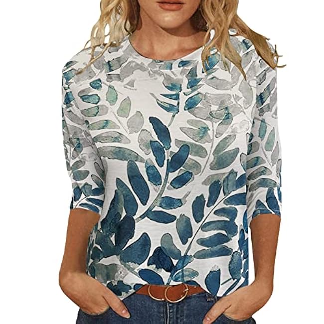 JomeDesign Womens Tops 3/4 Sleeve Shirts Round Neck Loose Casual Blouses Floral Print Tshirts