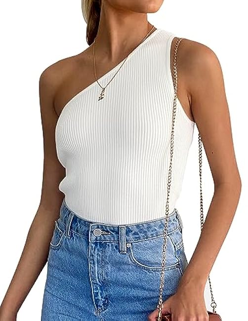 ZESICA Women's One Shoulder Tank Summer Sleeveless T Shirt Ribbed Knit Slim Fit Sexy Casual Basic Tee Tops