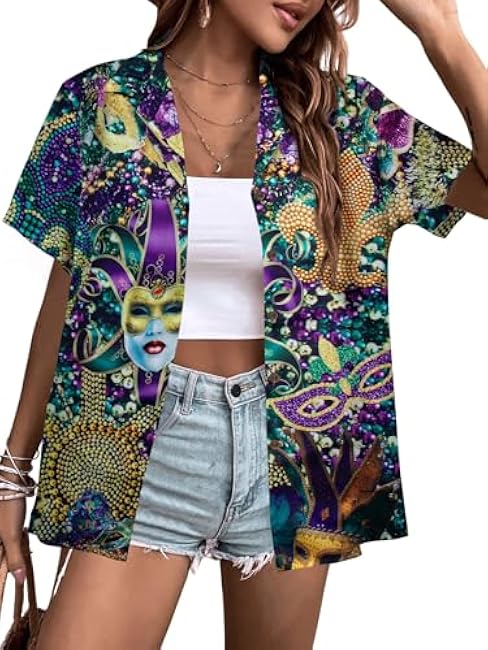 Mardi Gras Shirts for Women Carnival Theme Button Down Shirt Mardi Gras Mask Graphic Tee Holiday Outfits