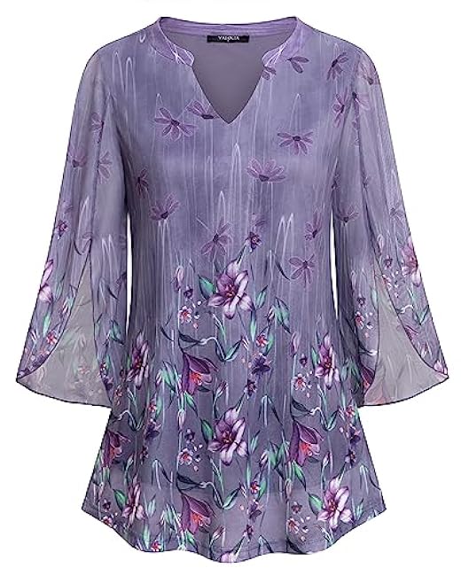 VALOLIA Women's 3/4 Sleeve Floral Tunic Tops V Neck Double Layers Loose Fit Mesh Blouses Shirt