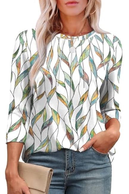XIEERDUO 3/4 Length Sleeve Womens Tops Round Neck Casual Tunic Tops Basic Pleated Shirts Loose Fit 2025