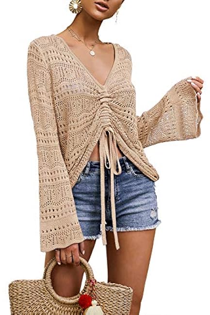 Saodimallsu Womens Boho Off Shoulder Sheer Crop Tops Bell Sleeve Flowy Oversized Crochet Ruched Pullover Sweaters