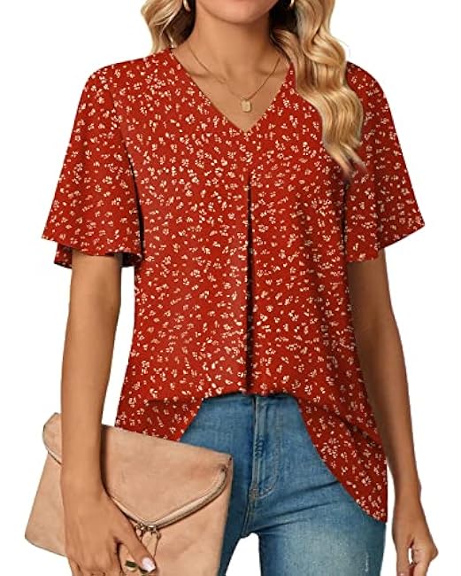Anyally Womens Summer Dressy Chiffon Blouses V Neck 2025 Short Sleeve Tunic Tops for Leggings Casual T-Shirts