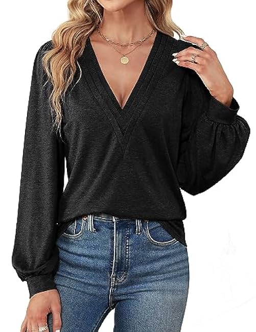 Agnes Urban Womens V Neck Long Sleeve Tops Dressy Casual Fall Shirts Puff Sleeve Loose Tunic Trendy Tops Blouses