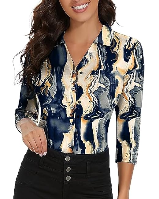 Soneven Womens Golf Polo Shirts 3/4 Long Sleeve V Neck Button Down Shirts Business Causal Work Blouses Tops