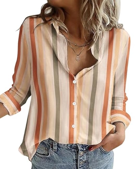 Zeagoo Button Down Shirts for Women Loose Fit Striped Long Sleeve Fall Blouse Business Casual Work Tops