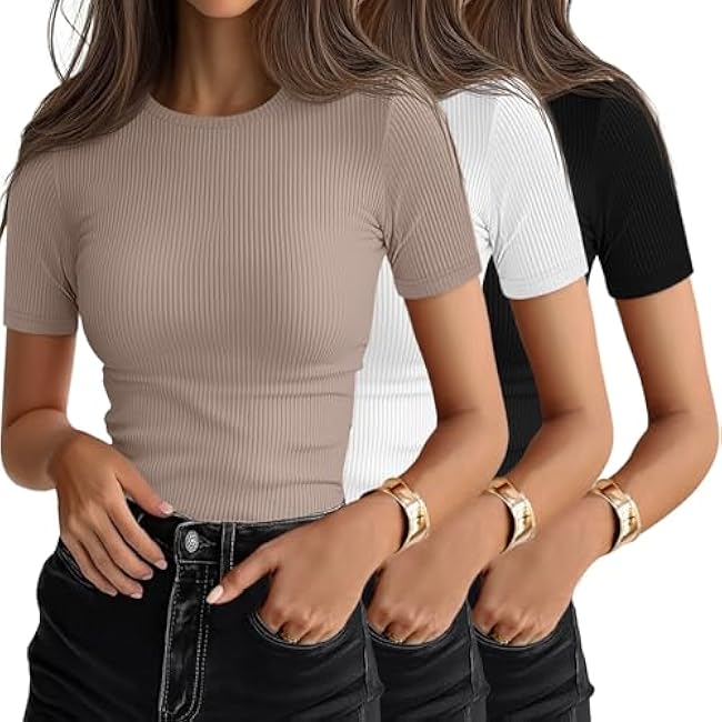 Ficerd 3 Pack Women's Ribbed T-Shirts, Cotton Short Sleeve Basic Tees Crew Neck Fitted Tops Summer Casual Shirts 2025 Trendy