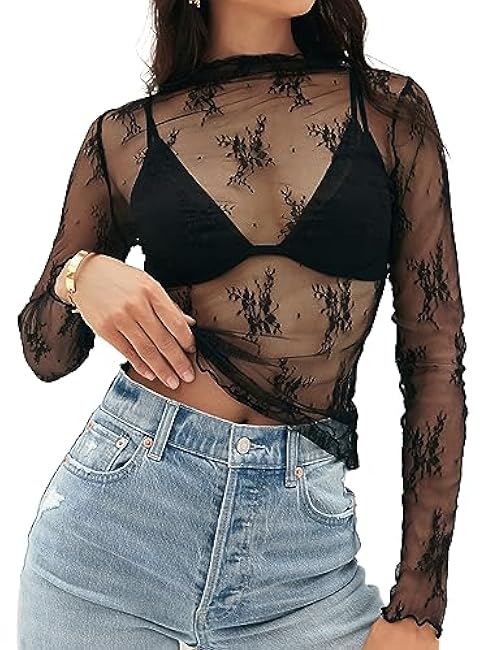 MEROKEETY Womens 2025 Mesh Sheer Long Sleeve Layering Top Sexy Y2k Mock Neck Floral Lace See Through Shirt Blouses